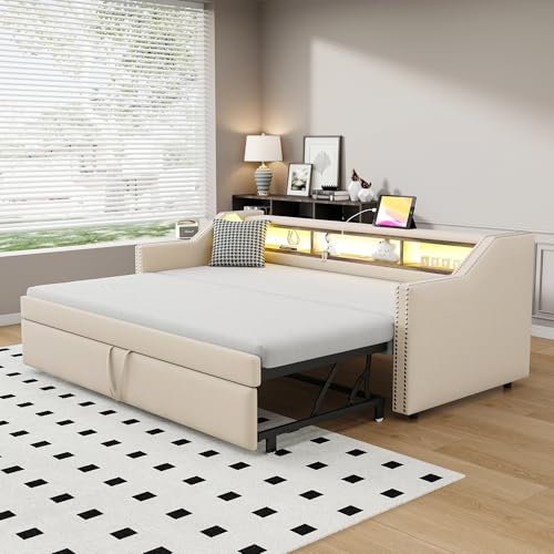 Merax Polsterbett Ausziehbares Schlafsofa 90/180 x 190 cm, Multifunktionales Staufach, LED-Licht und USB-Buchse, mit Lattenrost, Beige, ohne Matratze
