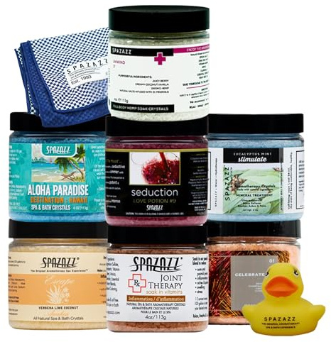 Spazazz Hot Tub Aromatherapy Gift Bundle- Seven- 4 Oz Spazazz Hot Tub Aromatherapy Bath Salt Crystals Sampler Jars Plus Hot/Cold Towel and Rubber Duck - Seven Distinct Scents of Bath and Spa Salts