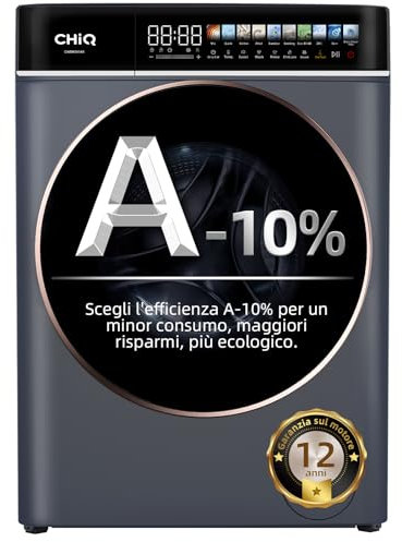 CHiQ CW086581AX Lave-linge 8 kg, Écran Tactile LED 13,5 pouces, Énergie A-10 pourcent, Lavage Vapeur et Rapide, Moteur BLDC (1400 tr/min), Grand Tambour, Joint Antibactérien, Gris