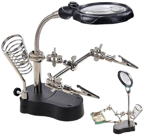 Yaztauho Manos Para Soldar - Soporte de Soldadura con Lupa,Herramienta Ajustable de Manos con Luz LED y Pinzas para Electrónica de Componentes, Joyería y Modelismo