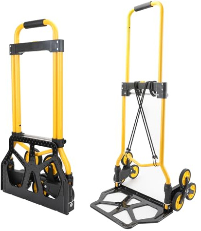 YEAUPE PRO Diable Monte escalier Pliable - Capacité de Charge de 50 kg- Réglable en Hauteur - pour déménagement et Objets Lourds - avec 2 Cordes d'extension et poignée en éponge, Jaune - 3 Roues