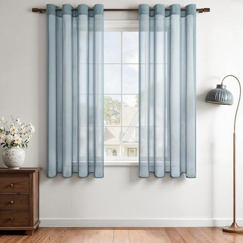 MRTREES Cortina Salon Azul Oscuro Translucida 140x120cm, Cortinas Dormitorio Cortas con Ojales, 2 Piezas Visillo Elegante para Ventanas, Comedor y Dormitorio Modernas