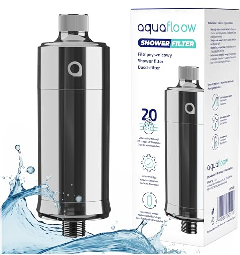 Aquafloow Duschfilter, duschfilter mot kalk, klor och nedsmutsning – filtrering i 20 steg – minskar hårväxt och hudirritation – lämplig för alla standardslangar - silver