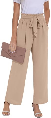 PrinStory Pantalones de pierna ancha para mujer, ligeros, cintura elástica, pantalones de verano con bolsillos, pantalones casuales de trabajo