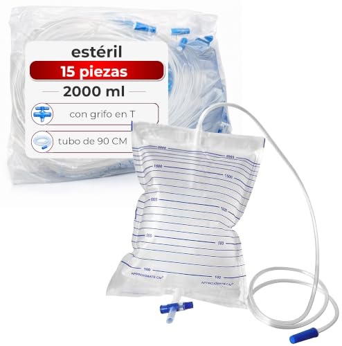 Bolsa Drenaje Urinario 2000 ml 15 Piezas – Tubo 90 cm, Grifo T, Válvula Antirreflujo, Estéril CE