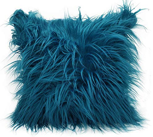 cushion mania Luxury Shaggy Faux Fur Covers or Cushions Large Fluffy Decorative Throw Pillows for Sofa and Bed Super Soft Long Hair Plush Cushions (Teal Blue, 21x21 Filled Cushion)