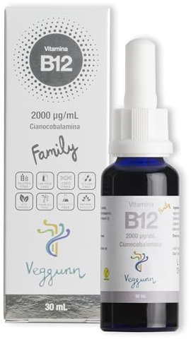 VEGGUNN - Vitamine B12 Family - 30 ml. pour 30 Semaines - 2000 mcg/ml. - B12 Vitamine Sublingual pour Adultes et Enfants - Complément Alimentaire Naturel qui Aide à Améliorer le Métabolisme