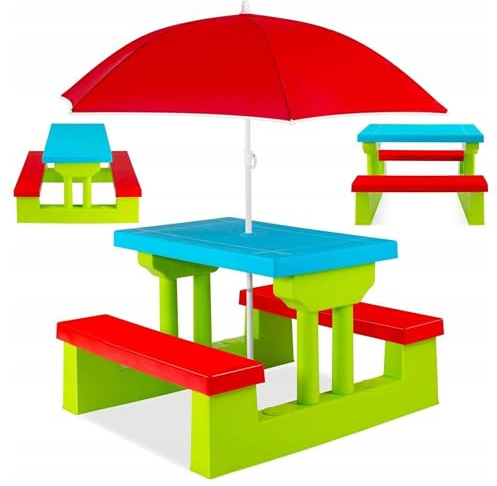 COIL Gartenmöbel, Kindertisch mit Sonnenschirm sitzgruppe Kinder Outdoor - Vielseitige Kindersitzgruppe, Picknicktisch für Kinder ab 3 Jahren - Kindersitzgarnitur Outdoor (Grün)