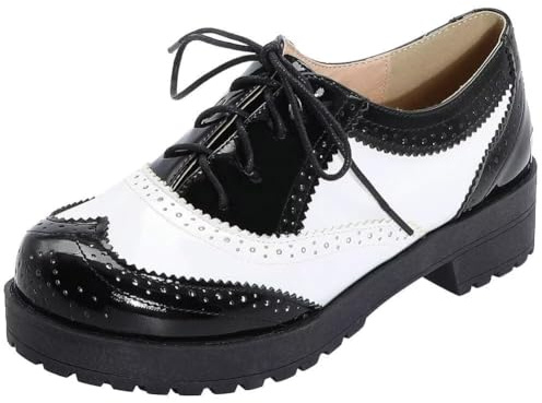 Agodor Women's Lace up Wingtip Oxford Shoes Chunky Heel Platform Vintage Round Toe Brogue Shoes (US 7, White)