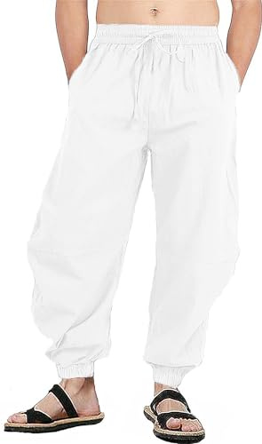 perdontoo Mens Casual Cotton Linen Pant Elastic Waist Drawstring Yoga Jogger Pants (3X-Large, White)
