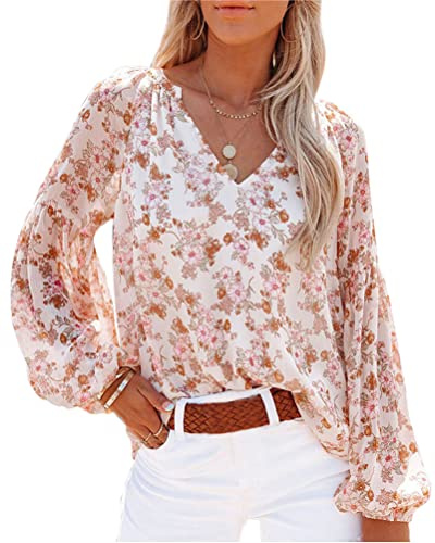 Tomwell Chemisier Femme Col V Floral Imprimé Blouse Élégant Haut Manches Longues Tunique Ample Fluide Mousseline de Soie Vintage T-Shirt Femme Tops Décontracté Sweat