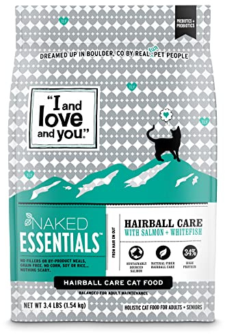 I AND LOVE AND YOU Naked Essentials Dry Cat Food - Salmon + Whitefish for Hairball Care - Grain Free, Real Meat, No Fillers, 3.4lb Bag