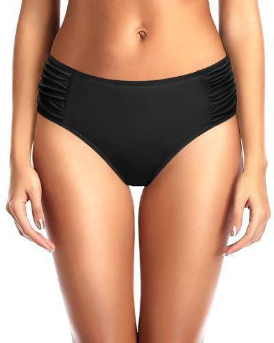 Tempt Me Women Black Bikini Bottoms Mid Waist Ruched Bathing Suit Swimsuit Full Coverage Swim Bottom L