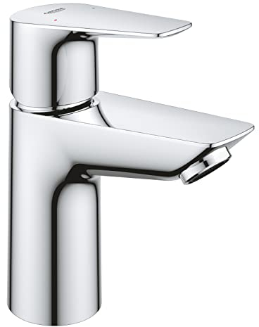 GROHE Start Edge - Basin Mixer Tap with Push-Open Waste Set, (Metal Lever, 28 mm Ceramic Cartridge, Water Saving Mousseur 5.7 l/min, Tails 3/8 Inch), Size 147 mm, QuickTool Included, Chrome, 24199001