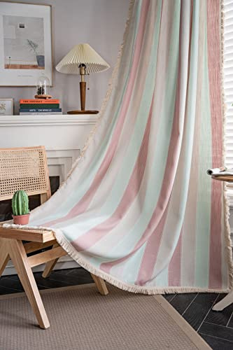 SASIGAYA Gestreifte Gardinen Landhausstil Vorhänge Verdunklungen Bauernhaus Vorhang Boho Vintage Quasten Vorhänge 260 cm hoch mit Rosa Streifen Muster für Modern Küche Schlafzimmer Wohnzimmer 2 Stück