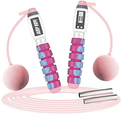 VINSOC Corde à sauter numérique 2 en 1 réglable sans corde avec compteur de calories, poignées souples en mousse à mémoire de forme, poids sans fil, rose