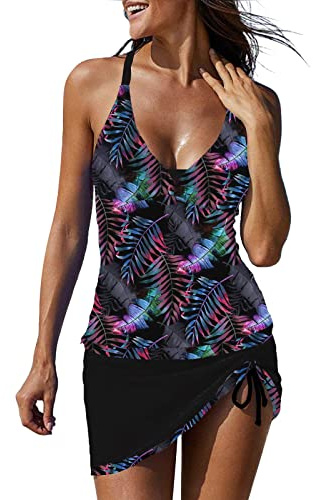 Maillot De Bain Jupette Femme Ventre Plat Tankini Robe Rétro Réglable Col en V Ruched Jupe De Bain Bikini Jupette Irrégulière Robe De Plage avec Cordon Mode Imprimé Beachwear Swimsuits
