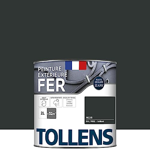 Tollens - Peinture extérieure fer 2 en 1 - Ultra Résistante - Protection antirouille - Laque Riche en Résine - Sans Sous-Couche - Entretien Facile - Brillant - Noir Brillant - 2L = 32m2