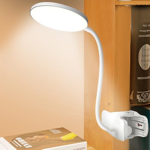 SPORWAY Leselampe Bett: LED Klemmlampe Touch Dimmen Schreibtischlampe, 3 Farbe Augenschutz Bettlampe 360° Schwanenhals LED Klemmleuchte USB Aufladung Nachttischlampe für Studieren Arbeiten (Weiß-01)