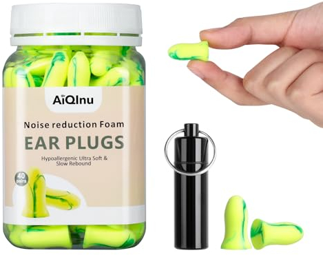 AiQInu Tapones Oidos SNR 38 dB, Super Suave Espuma, Talla Única, Verde, 40 Pares (80 Unidades), Reutilizable, Para Dormir, Roncar, Aviones, Trabajo, Viajes