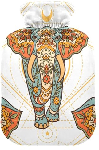 Hot Water Bottle with Cover, Indian Elephant Moon 2L Leakproof Hot Water Bag for Hand Feet Warmer, Neck, Shoulder, Back, Muscle Pain Relief, Cold Compress
