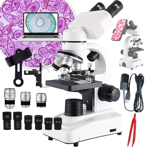 Soflightmok Microscopio Composto Binoculare, Ingrandimento 40x-2400x, Microscopio LED Binocolo Composito, Microscopio Composito Professionale con Oculare Elettronico/Adattatore per Telefono,White