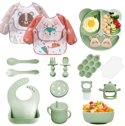 Bizcasa 14 st babymåltidslåda, halkfri babyservis set silikon med sugkopp, skål, gaffel, sked haklapp och kopp, barntallrik, BPA-fri (14 st-grön)