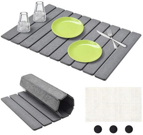 Yiomxhi Alfombrilla Escurreplatos Plegable, 59 x 39 cm Estera Escurridera Diatomáceas para Cocina Encimera, Antideslizante Alfombrilla Secado Rápido para Secar Platos, Gris Oscuro