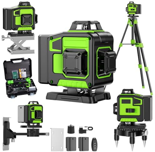 Livella Laser Autolivellante 16 Linee, 4 X 360 °Livello Laser Autolivellante Verde, 2 x Batterie, Autolivellante, Supporto Rotante, Telecomando Cabina di Rilevamento (con Treppiede)