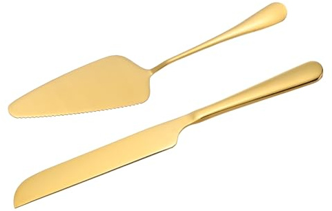 QUARKZMAN Kakskärkniv och serveringsset, 25,76 cm kakskärningsset, rostfritt stål kakserveringsset bakverk för pizzakniv, spatel, födelsedag, brudfest, gåva, guld