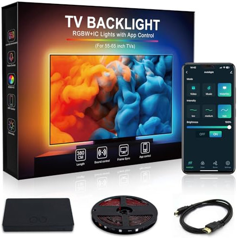 Beaeet Kit Luces LED TV 3,8 Metros con Caja HDMI Sync Incluida, Tira RGBICW 4K Dinámica, Control App y Voz, para Pantallas 55–65, Requiere Fuente HDMI Externa