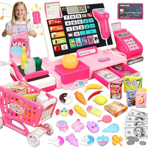 Herenear Caisse Enregistreuse pour Enfants - Inclut 52 Accessoires(Calculatrice, Scanner Son et LumièRe, POS, Chariot de Courses, etc.), Caisse Enregistreuse Jouet, Cadeau pour Garçon Fille de 3+ Ans