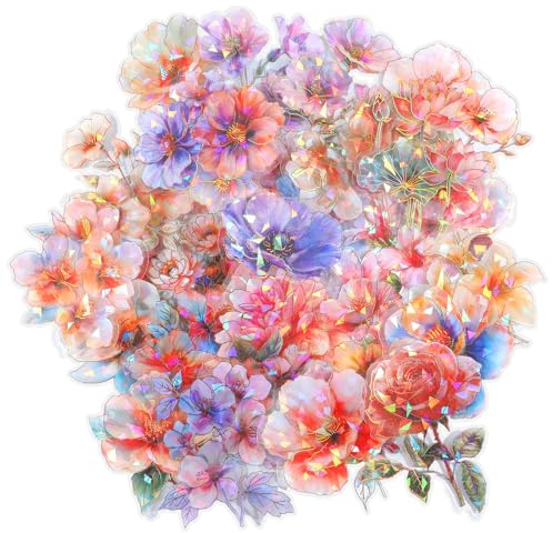 30 Pcs Transparent Flower Stickers for Scrapbooking Holographic Nature Plant Floral Stickers Waterproof Flower Scrapbook Sticker for Journal Postcards Water Bottle Laptops Crafts