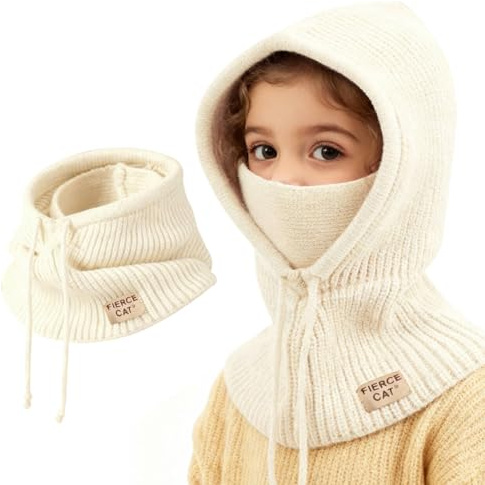 AYPOW Cagoule d'Hiver Coupe Vent Enfant, Tricotét Bonnet Chaude Thermique Cache-Cou, Chapeaux Ensemble Écharpe Capuche Balaclava Casquette Tour de Cou Oreilles Garçons Filles Plein Air