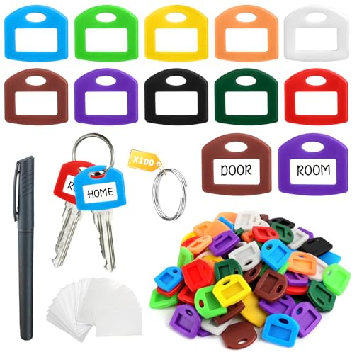 Set de 100 Fundas Llaves de Colores, Funda Flexibles Tapas para Llaves con Etiquetas, Fundas Llaves para Identificación Rápida de llaves Planas Estándar, 10 Colores