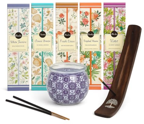 Set de Incienso Natural 100 Varillas (5 Aromas Diferentes) + Vela perfumada + Quemador de Incienso de Madera – Kit Regalo aromaterapia Fabricado en India para meditación y relajación en casa