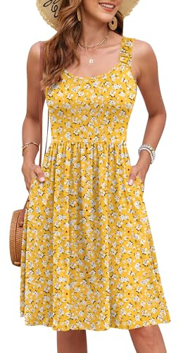 WNEEDU Robe d'Été Femme de Plage Robes sans Manches Col Carré à Bretelles Fines Jusqu'au Genou Taille Modelée A-Ligne Décontractée avec Poches