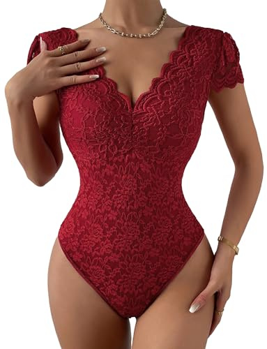 FEOYA Body sexy en dentelle pour femme à manches courtes et col en V profond avec entrejambe à boutons-pression - Coupe ajustée pour sortir en boîte de nuit