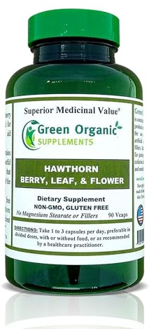 Green Organic Supplements Hawthorn Berry Capsules, Leaf, Flower, Hawthorn Supplements Contains 90 Capsules, Natural Hawthorn Herbs for Cardiovascular Health & Natural Heart Care (Single)
