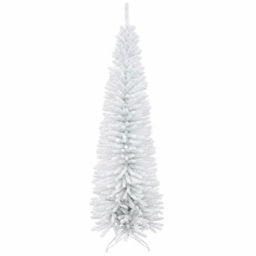 8Ft/2.4m White Artificial Slim Pencil Christmas Tree, 828 Tips, Metal Stand | For Christmas, Home, Office and Party Decor, PVC and Metal Construction, Easy Assembly, Slim Space-Saving Design, Sturdy Base