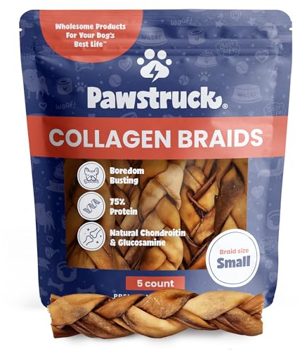 Pawstruck Natural 5-7” Beef Collagen Braids for Dogs - Healthy Long Lasting Alternative to Traditional Rawhide & Bully Sticks Chew Treats w/Chondroitin & Glucosamine - 5 Count - Packaging May Vary