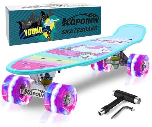 Kqpoinw Kids Skateboard, 22 Complete Skateboards for Kid,Teens,Girls,Beginners,Skate Board with Unicorn Pattern,Colorful LED Light up Wheels,Skate Tool, Ideal Gift for Girls,Kids
