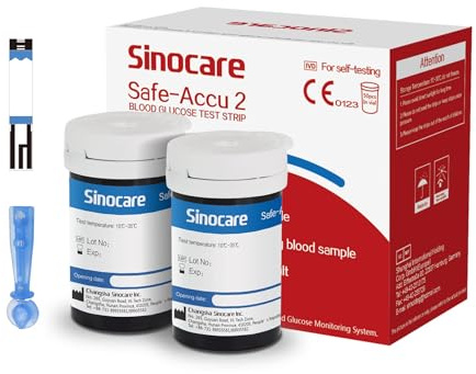 Sinocare Strisce Reattive di Glucosio nel Sangue Precisa Anti-Interferenza Solo per Safe-Accu2 Contiene 50 Strisce e 50 Lancette, Solo per il Glucometro Safe-Accu2