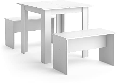 Vicco Esstisch Set Sentio, Küchentisch, Weiß, 80 x 80 cm mit 2 Bänken