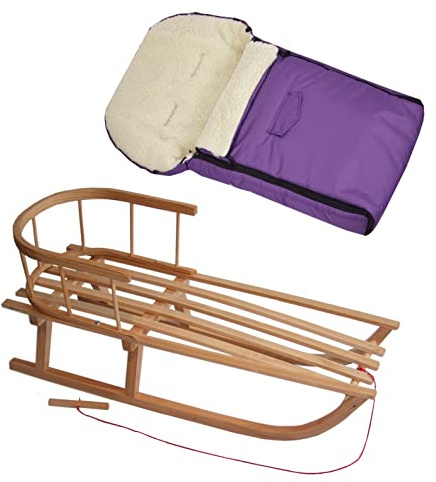 Kombierbjudande träsläde med ryggstöd och dragrep + universell vinteråksäck (90 cm), även lämplig för babystol, barnvagnar, buggy, lammull, uni (lila + släde)