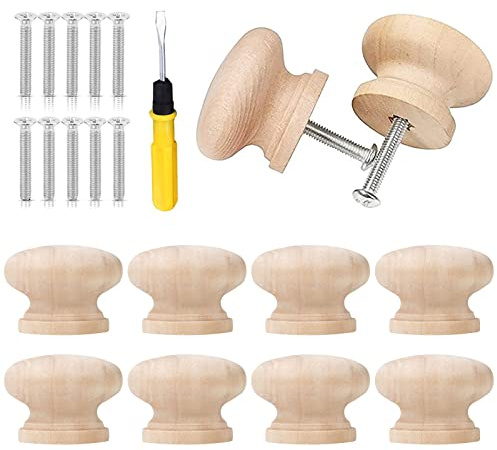 TZQFROCE 10 pomos para muebles de madera, tiradores de madera para armarios, pomos redondos de madera con tornillos y destornillador para armario, cajón, zapatero, puerta de armario, cocina