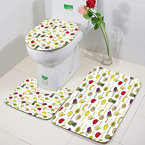 Rutschfeste Badematten 3 teiliges Set,Früchte, Kiwi-Bananen-Pflaumen-Zitronen-Orangen-Birnen-Trauben-Aprikosen-Na,Hohe Wasseraufnahme, weiche Mikrofaser, WC-Vorleger, WC-Sockelmatte, maschinenwaschbar