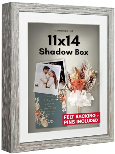 Americanflat 11x14 Shadow Box Frame with Shatter-Resistant Glass - Use as 9x12 Frame with Mat or 11x14 Without Mat - Silhouette Collection - Driftwood with Soft Felt Back
