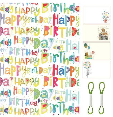 ARKRAFT set carta da regalo 4 fogli formato 90 x 65 cm 4 biglietto cartolina 2 nastro da 5 m (Set 18-9094)