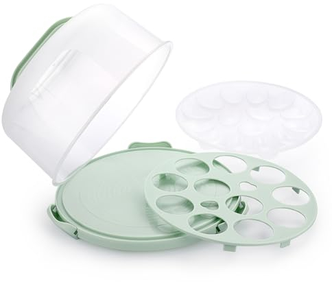 SUMNACON Plastic Cake Holder with Cover and Handle, 10 Inch Round Cake Carrier Cake Storage Container Cupcake Box with Egg Containers Egg Tray for Cake Cupcake Muffin Pie Storage and Transport (Green)